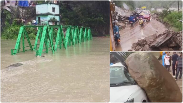 रुद्रप्रयाग में बारिश से आपदा जैसे हालात, खतरे के निशान के ऊपर नदियां, पुल डूबा, अगस्त्यमुनि में कार के ऊपर गिरा बोल्डर